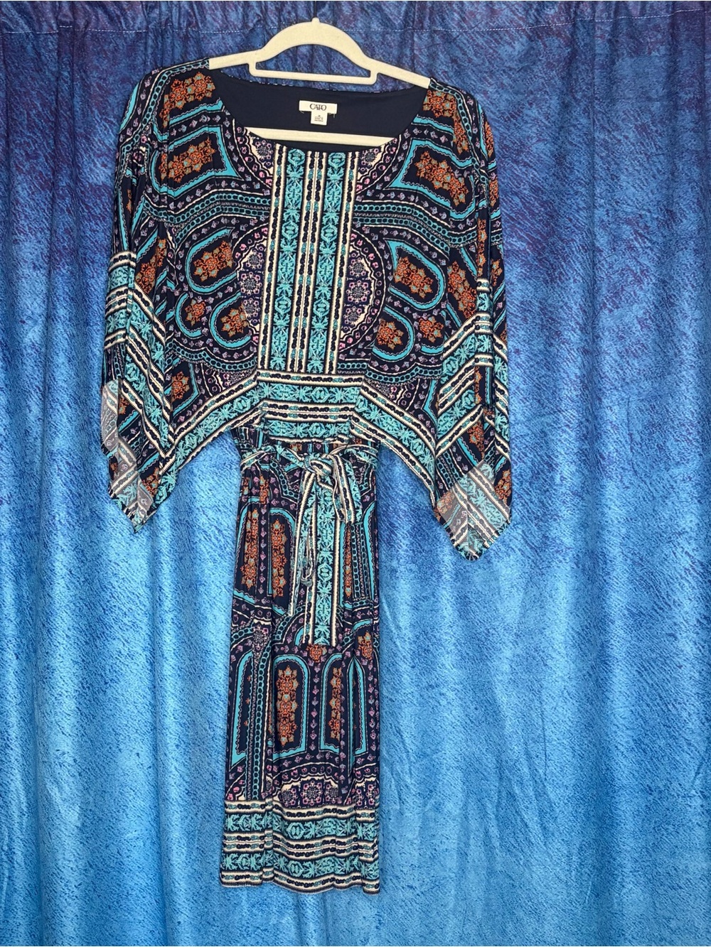 Cato Teal, Black & Rust Patterned Boho Dress